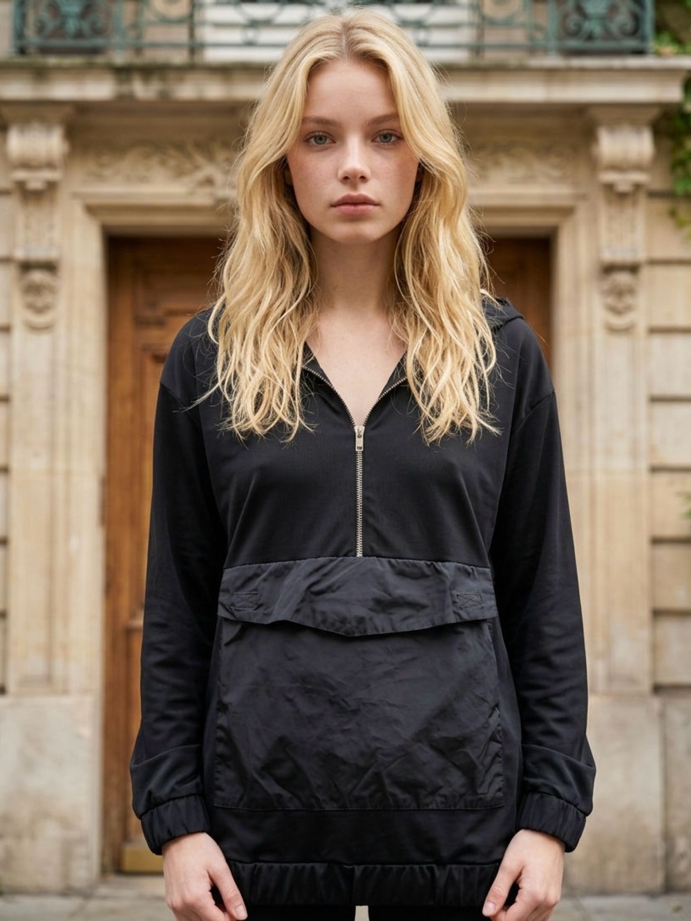 Zara Black Hooded Half-Zip Hoodie Pocket Athleisure Lightweight Jacket Coat-M